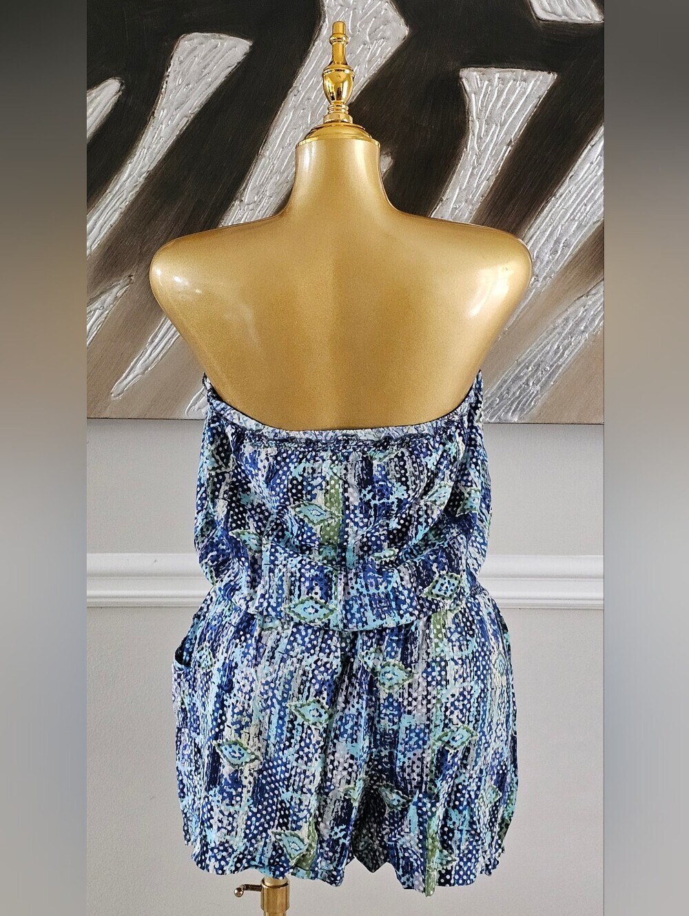 Strapless Blue Tribal Print Romper Size Medium Boho - Picture 2 of 4